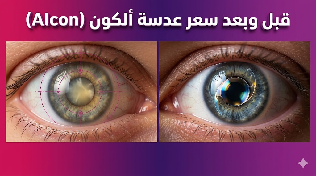  مقارنة قبل وبعد عملية المياه البيضاء توضح نتائج زراعة و سعر عدسة ألكون (Alcon).