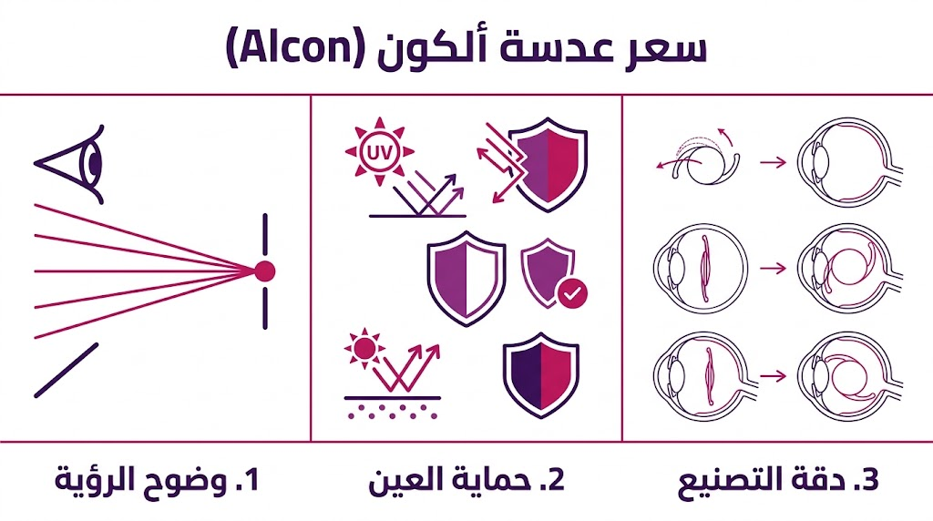 إنفوجرافيك طبي يشرح مميزات و سعر عدسة ألكون (Alcon) من حيث الوضوح والحماية والدقة.