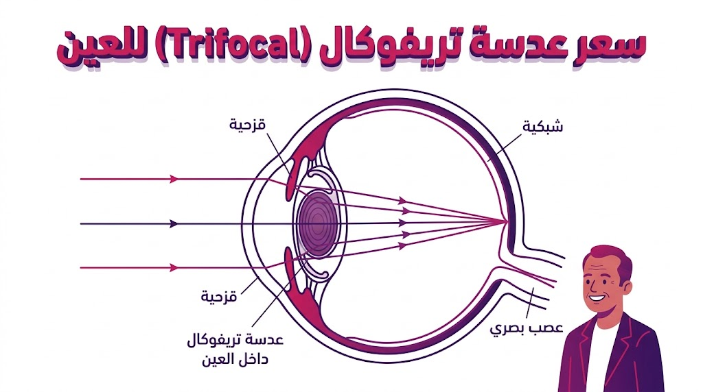 مخطط تشريحي يوضح كيفية عمل العدسة داخل العين بعد الاستفسار عن سعر عدسة تريفوكال (Trifocal) للعين.