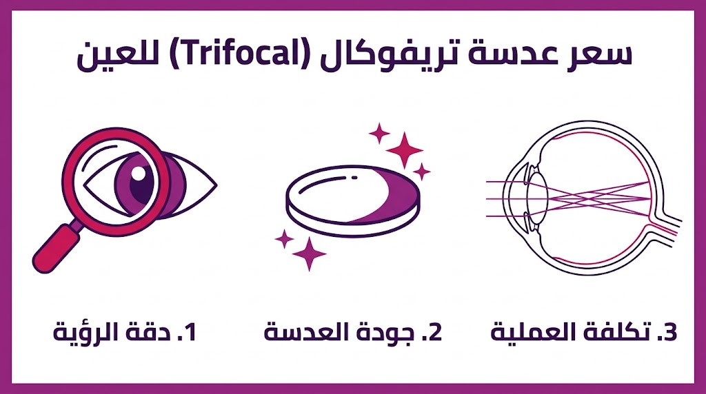  إنفوجرافيك طبي يوضح دقة الرؤية وجودة العدسات وتفاصيل سعر عدسة تريفوكال (Trifocal) للعين.