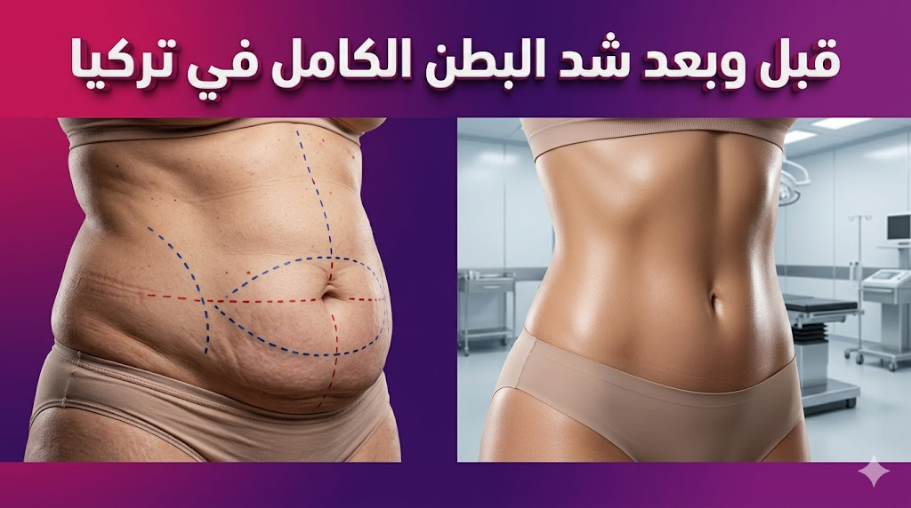 صورة مقارنة قبل وبعد شد البطن الكامل في تركيا تظهر علامات التخطيط الجراحي على اليسار والنتيجة المشدودة والمثالية على اليمين.