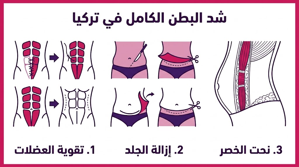 إنفوجرافيك طبي مقسم لثلاثة أقسام يشرح خطوات شد البطن الكامل في تركيا: تقوية العضلات، إزالة الجلد، ونحت الخصر.