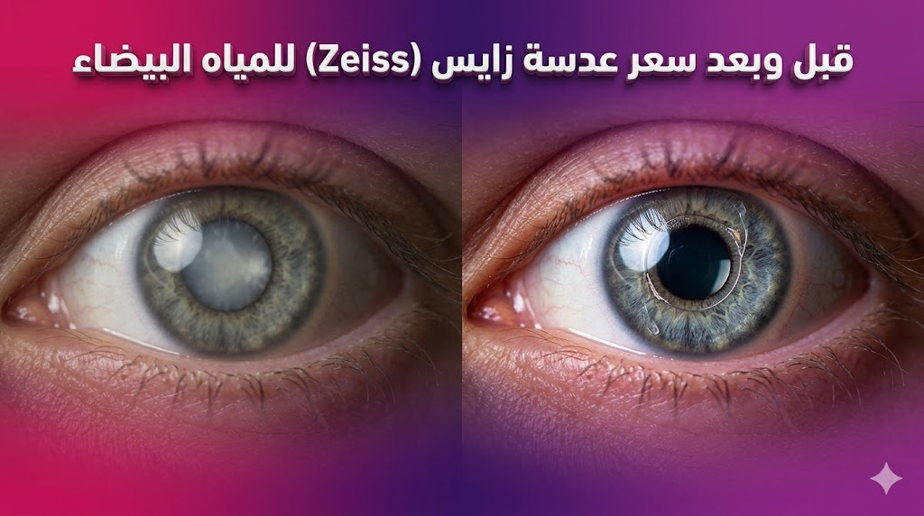  مقارنة قبل وبعد توضح نتائج زراعة العدسة وتأثير سعر عدسة زايس (Zeiss) للمياه البيضاء على جودة الرؤية.