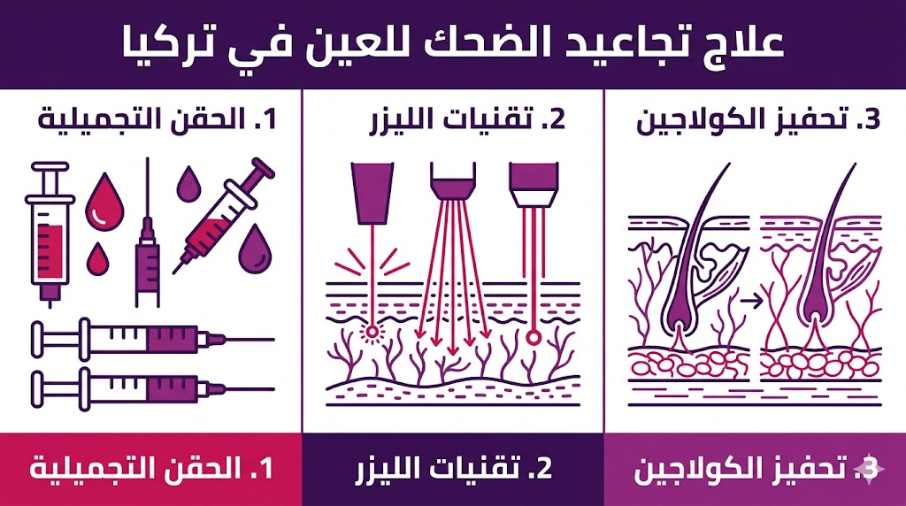  إنفوجرافيك تعليمي يستعرض أهم 3 تقنيات مستخدمة في علاج تجاعيد الضحك للعين في تركيا.