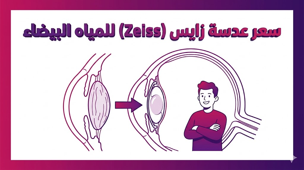  مخطط تشريحي يوضح تقنية زراعة العدسة وعلاقتها بـ سعر عدسة زايس (Zeiss) للمياه البيضاء.