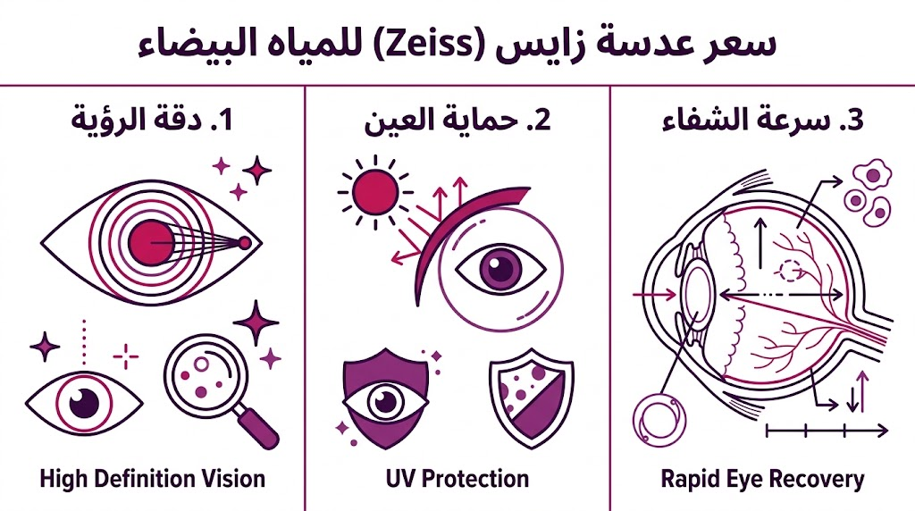 إنفوجرافيك طبي يوضح مميزات و سعر عدسة زايس (Zeiss) للمياه البيضاء من حيث الدقة والحماية والتعافي.