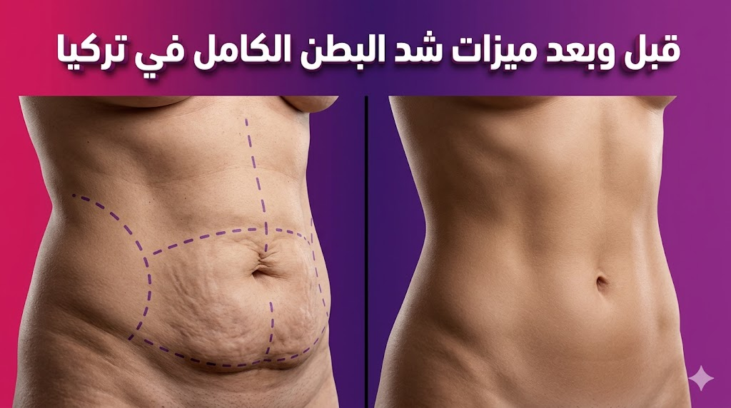 صورة واقعية توضح نتائج قبل وبعد مع ميزات شد البطن الكامل في تركيا وتظهر علامات التخطيط الجراحي.