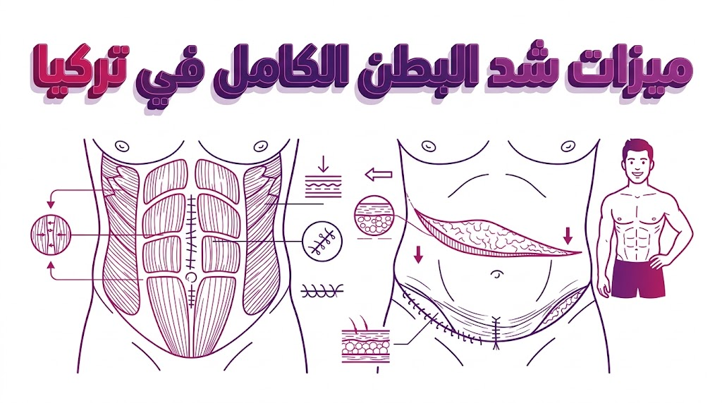 إنفوجرافيك تعليمي يوضح التشريح الداخلي وتفاصيل ميزات شد البطن الكامل في تركيا.