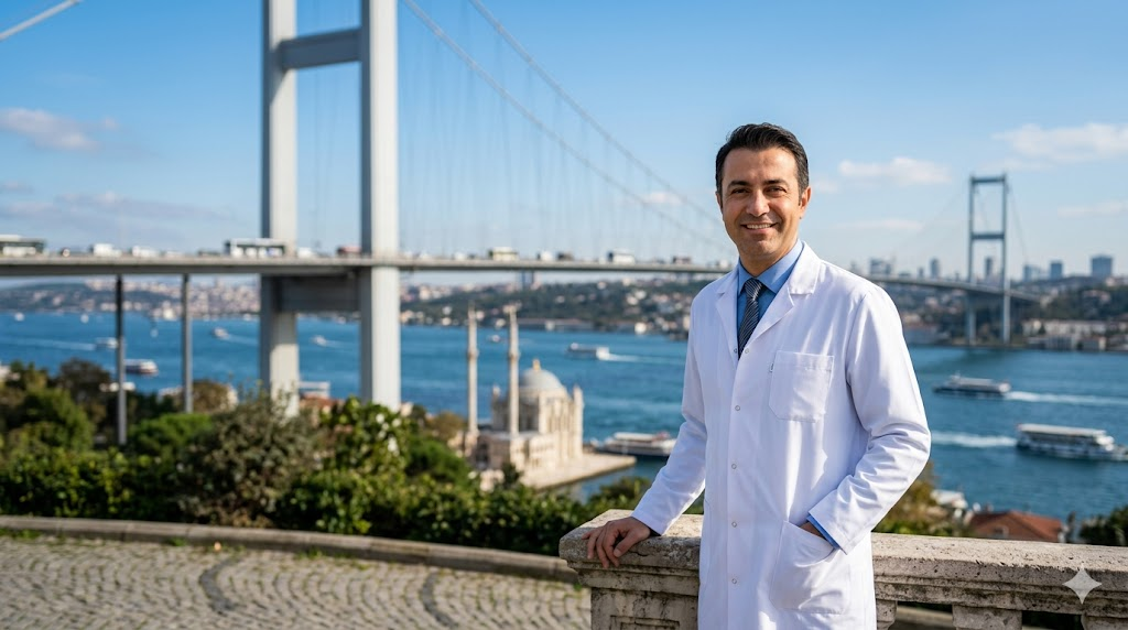 جراح تجميل خبير يقف أمام جسر البوسفور في إسطنبول للتعريف بـ ميزات شد البطن الكامل في تركيا.