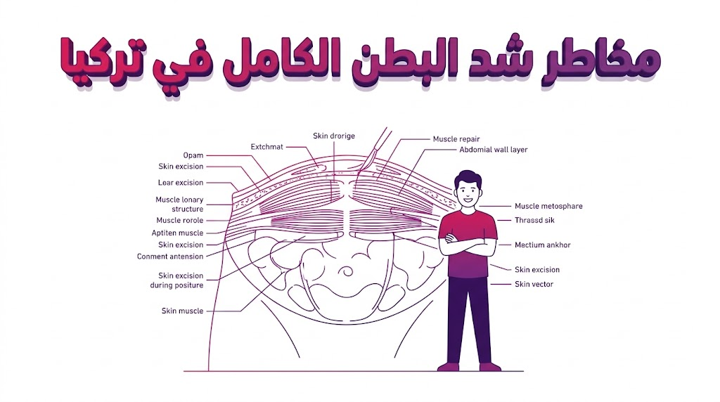  إنفوجرافيك طبي يشرح التشريح الداخلي وتفاصيل الأمان الجراحي المتعلقة بـ مخاطر شد البطن الكامل في تركيا.