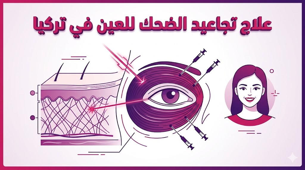 مخطط تشريحي يوضح كيفية استهداف الجلد والعضلات أثناء علاج تجاعيد الضحك للعين في تركيا لنتائج طبيعية.