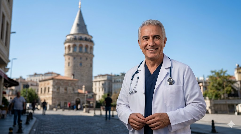 طبيب تجميل خبير يقف أمام برج غالاتا في إسطنبول لتقديم استشارات حول مخاطر شد البطن الكامل في تركيا.