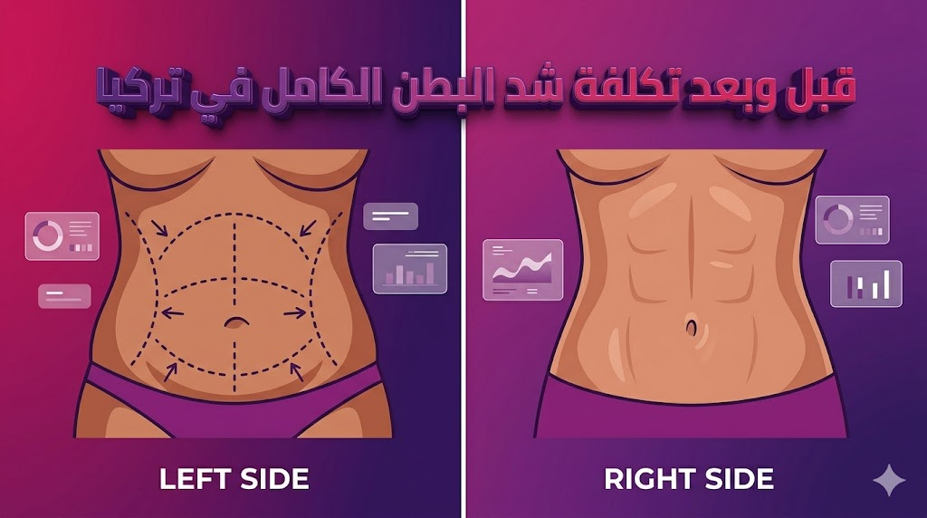 صورة "قبل وبعد" توضح نتائج و تكلفة شد البطن الكامل في تركيا مع علامات تخطيط طبية ونتائج نهائية مثالية.