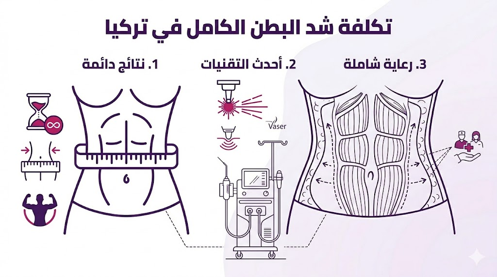 ملصق إنفوجرافيك يوضح ثلاث ركائز أساسية حول تكلفة شد البطن الكامل في تركيا تشمل النتائج والتقنيات والرعاية.