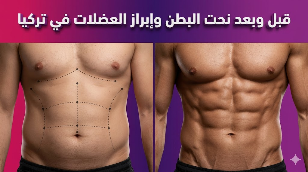 صورة قبل وبعد توضح نتائج عملية نحت البطن وإبراز العضلات في تركيا باستخدام تقنيات متطورة.