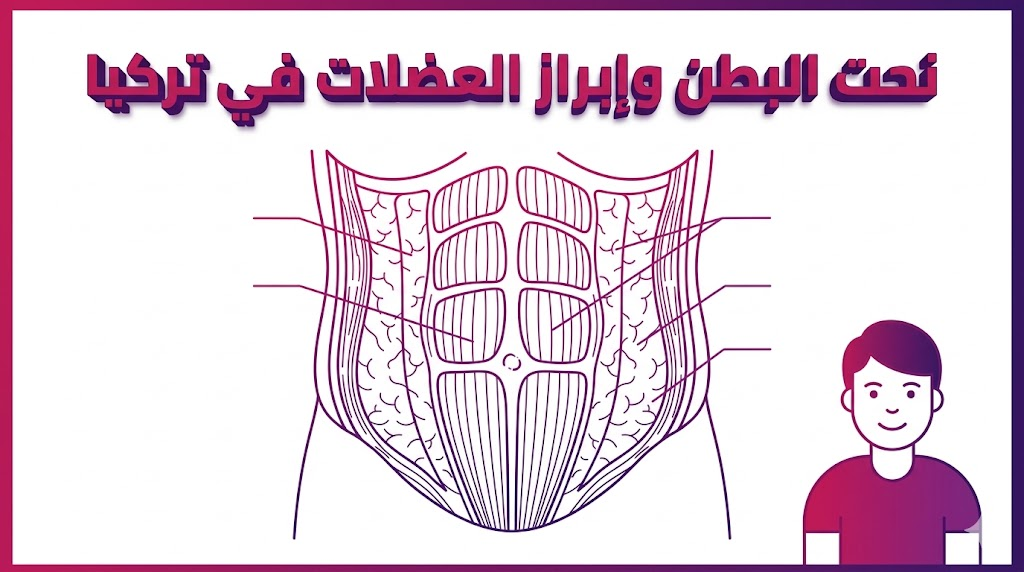 مخطط تشريحي تعليمي يوضح آلية عمل ​نحت البطن وإبراز العضلات في تركيا من منظور طبي.