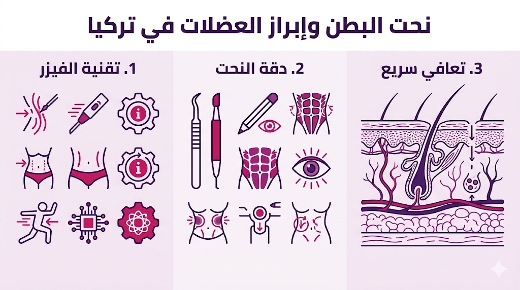 إنفوجرافيك يشرح الخطوات الثلاث الأساسية لعملية ​نحت البطن وإبراز العضلات في تركيا