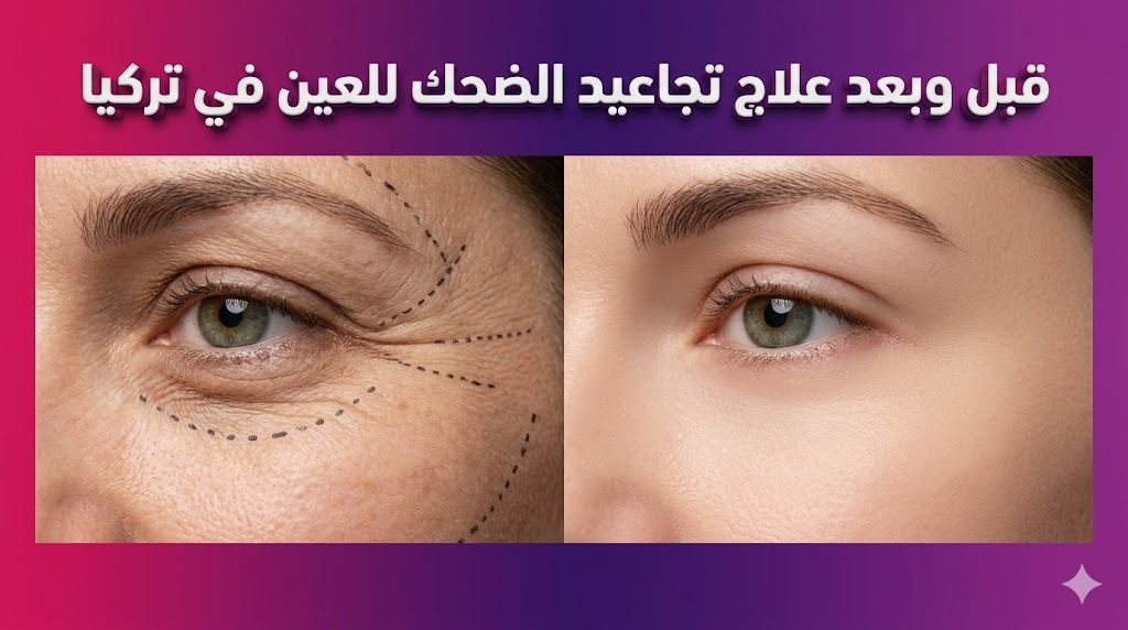 مقارنة قبل وبعد تظهر نتائج مذهلة لعملية علاج تجاعيد الضحك للعين في تركيا مع بشرة مشدودة.
