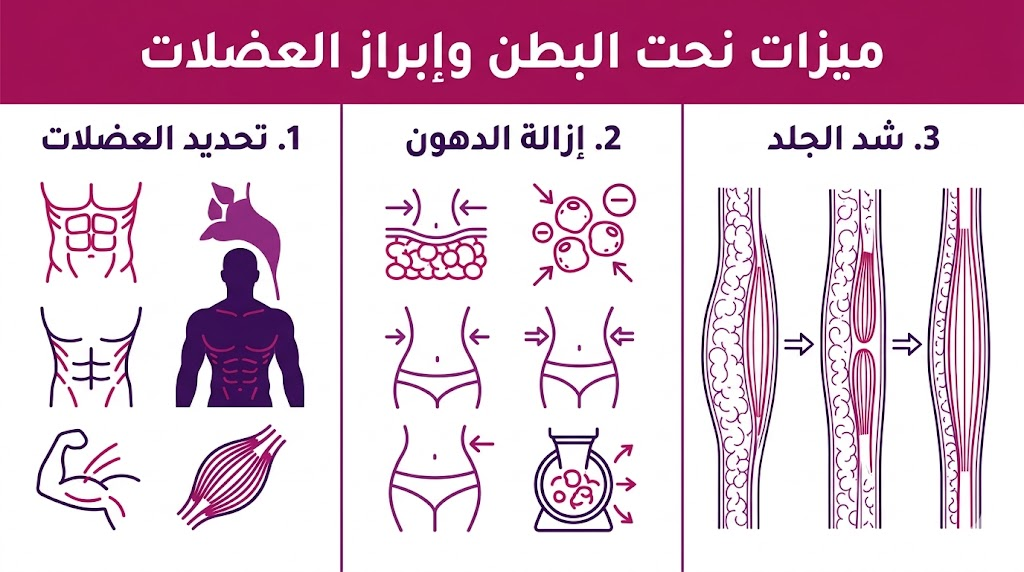إنفوجرافيك تعليمي يستعرض أهم 3 ميزات ​نحت البطن وإبراز العضلات.