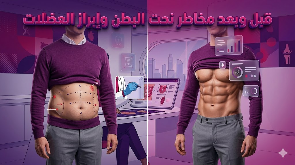 مقارنة قبل وبعد تظهر التخطيط الجراحي والنتائج النهائية مع توضيح مخاطر نحت البطن وإبراز العضلات.