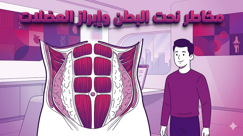 إنفوجرافيك تشريحي يوضح طبقات العضلات والدهون المتعلقة بموضوع مخاطر نحت البطن وإبراز العضلات.