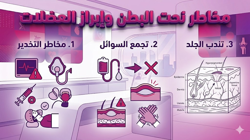 إنفوجرافيك تعليمي مقسم لثلاثة أقسام يشرح مخاطر نحت البطن وإبراز العضلات طبياً.