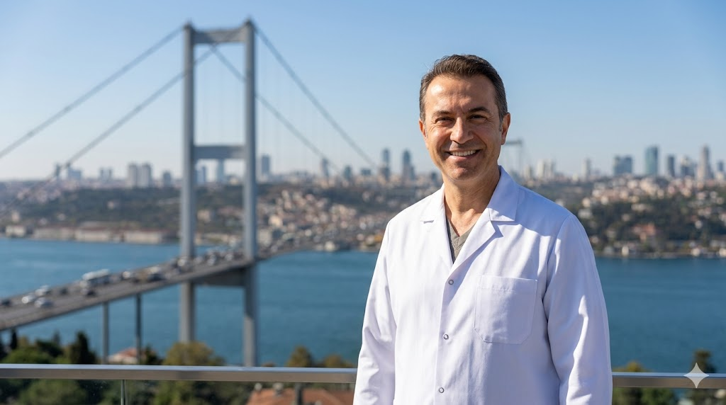 طبيب تجميل خبير في إسطنبول يقف أمام جسر البوسفور، متخصص في علاج مخاطر نحت البطن وإبراز العضلات.