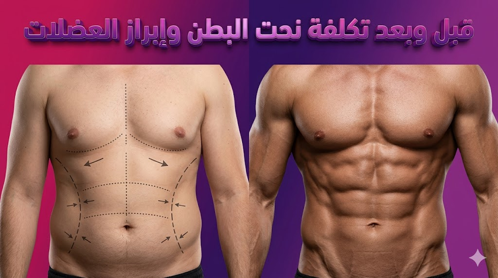 صورة واقعية مقارنة (قبل وبعد) توضح نتائج تكلفة نحت البطن وإبراز العضلات مع تحديد العضلات الرياضية بشكل بارز.