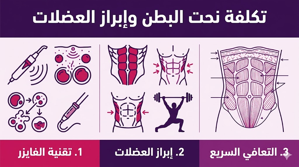  إنفوجرافيك تعليمي مقسم لثلاثة أقسام يشرح تقنية الفايزر والتعافي السريع ضمن تكلفة نحت البطن وإبراز العضلات.