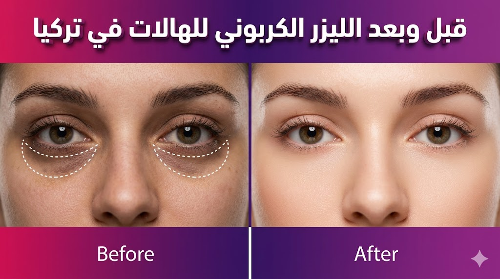 مقارنة قبل وبعد تظهر نتائج الليزر الكربوني للهالات في تركيا مع تحسن واضح في نضارة وتفتيح منطقة تحت العين.