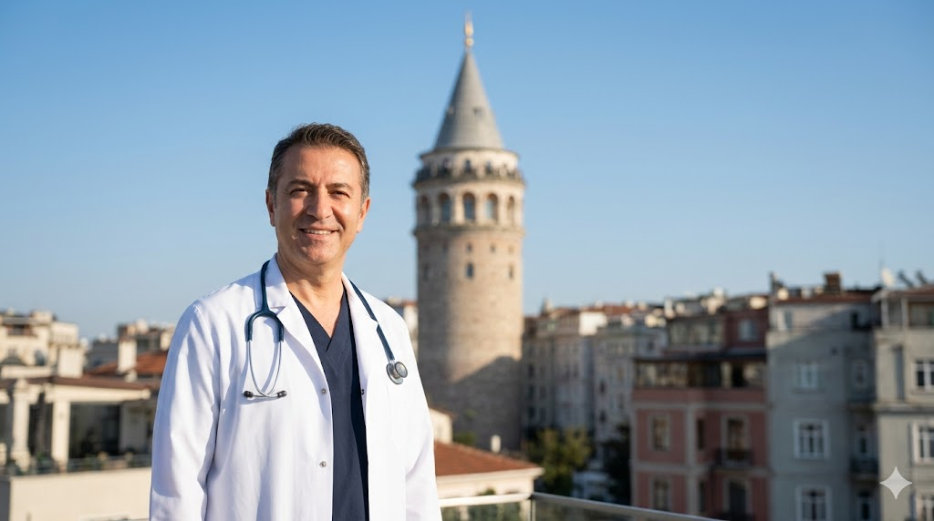 طبيب تجميل يقف أمام برج غالاتا في إسطنبول كجزء من الترويج لـ تكلفة ​نحت البطن وإبراز العضلات.