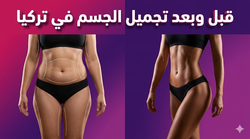 صورة مقارنة "قبل وبعد" تظهر نتائج تجميل الجسم في تركيا ونحت القوام بدقة واحترافية عالية.