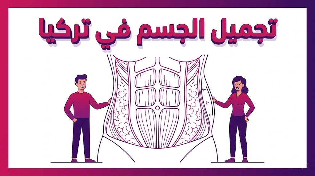  إنفوجرافيك تعليمي يوضح التشريح الداخلي لطبقات الدهون والعضلات أثناء عملية تجميل الجسم في تركيا.