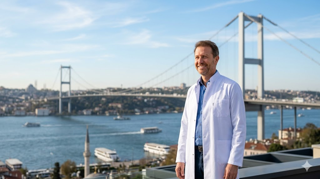 طبيب تجميل بزي رسمي يقف أمام جسر البوسفور في اسطنبول، يمثل خدمات تجميل الجسم في تركيا الراقية.