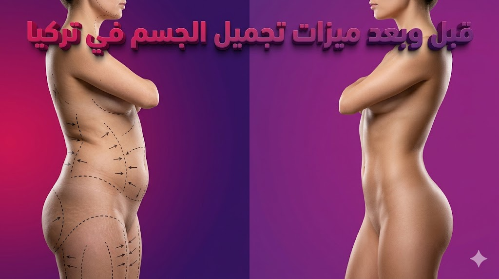 صورة واقعية تقارن قبل وبعد توضح ميزات تجميل الجسم في تركيا من خلال علامات جراحية والنتائج النهائية المنحوتة.