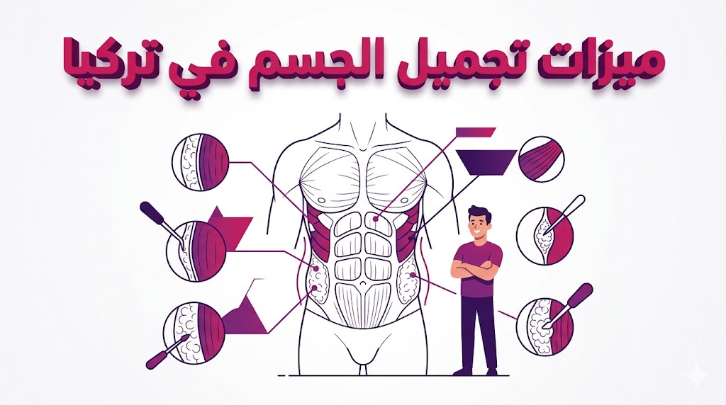 مخطط تشريحي تعليمي بنظام الفيكتور يوضح ميزات تجميل الجسم في تركيا وكيفية استهداف طبقات الدهون بدقة.