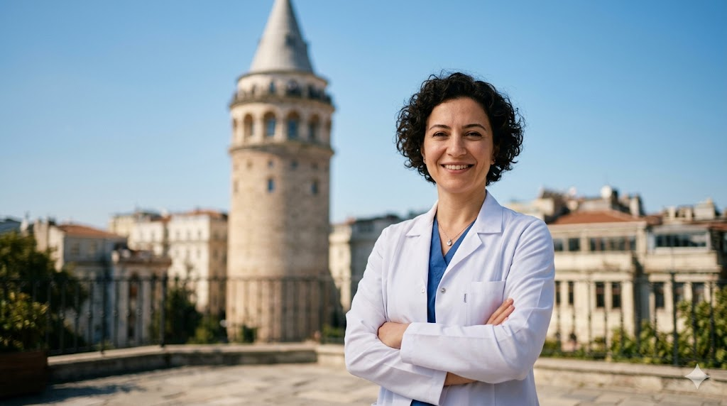 جراح تجميل محترف يقف أمام برج غالاتا في اسطنبول ليعكس ميزات تجميل الجسم في تركيا كوجهة عالمية.