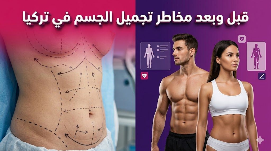 مقارنة "قبل وبعد" توضح علامات التخطيط الجراحي والنتائج النهائية لتجنب مخاطر تجميل الجسم في تركيا.