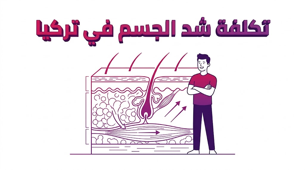  إنفوجرافيك طبي يوضح التشريح الداخلي وخطوات العملية بأسلوب الرسم الهندسي مع نص تكلفة شد الجسم في تركيا.