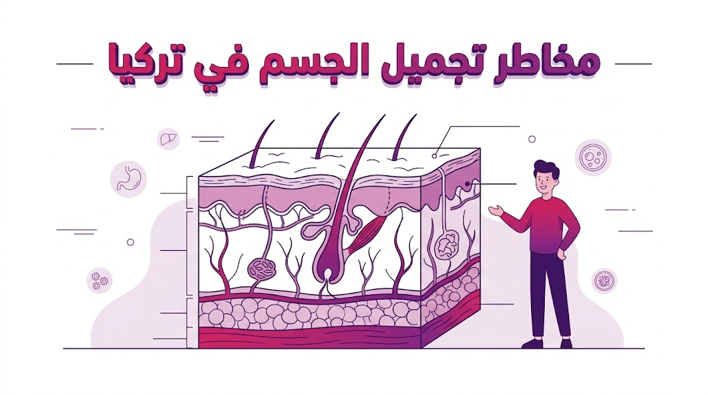 مخطط تشريحي يوضح الأنسجة والطبقات الحيوية المتعلقة بتقليل مخاطر تجميل الجسم في تركيا.