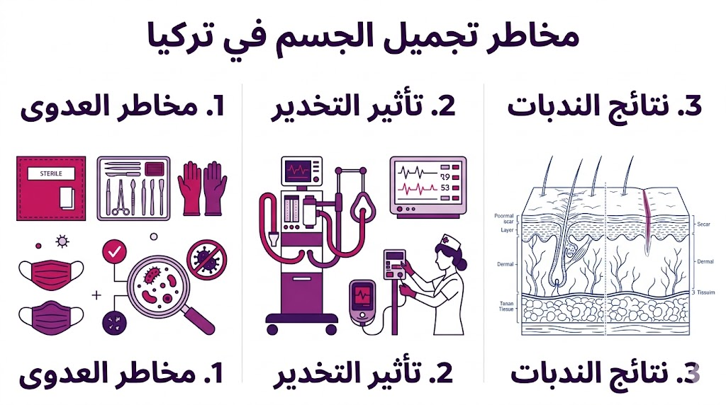 إنفوجرافيك طبي يوضح ثلاثة جوانب أساسية لتجنب مخاطر تجميل الجسم في تركيا تشمل العدوى والتخدير والندبات.