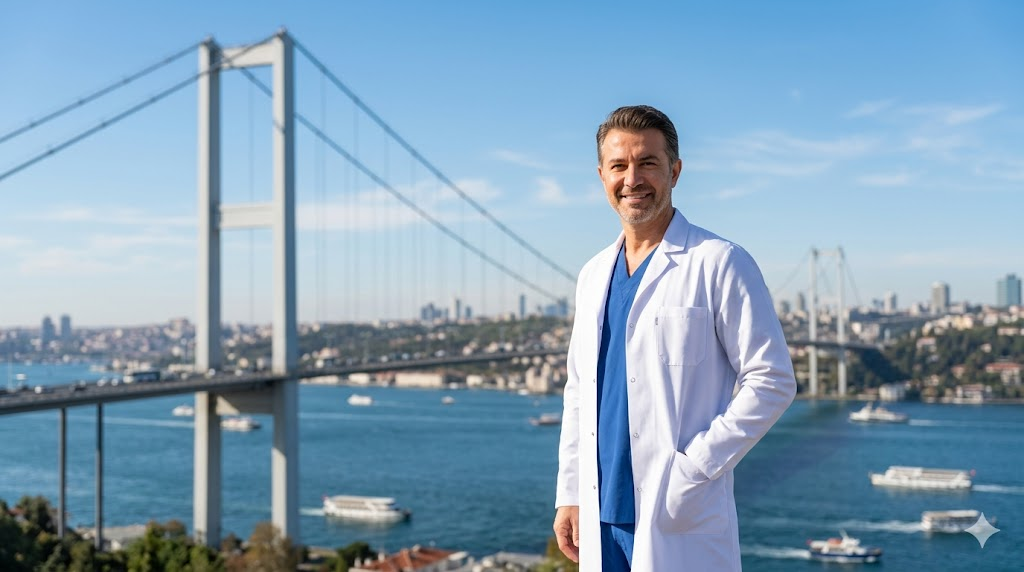 جراح تجميل محترف يقف أمام جسر البوسفور في إسطنبول لتقديم استشارات حول مخاطر تجميل الجسم في تركيا.