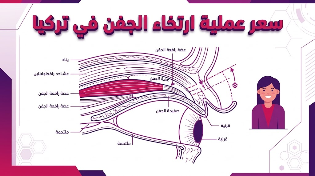 إنفوجرافيك طبي يشرح التشريح الداخلي وتفاصيل سعر عملية ارتخاء الجفن في تركيا بشكل علمي.