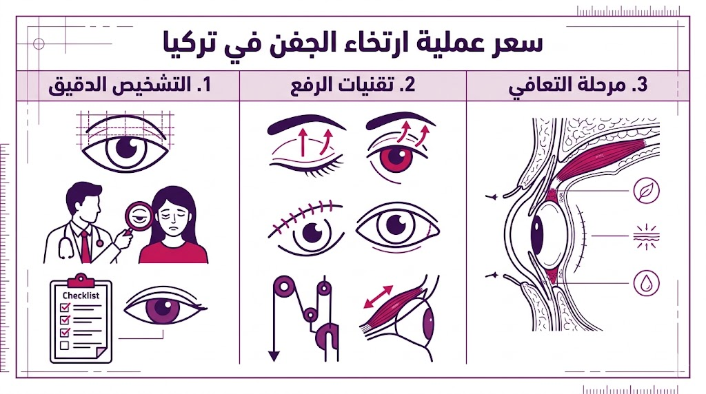  بوستر إنفوجرافيك يوضح مراحل التشخيص والتقنيات والتعافي مع سعر عملية ارتخاء الجفن في تركيا.