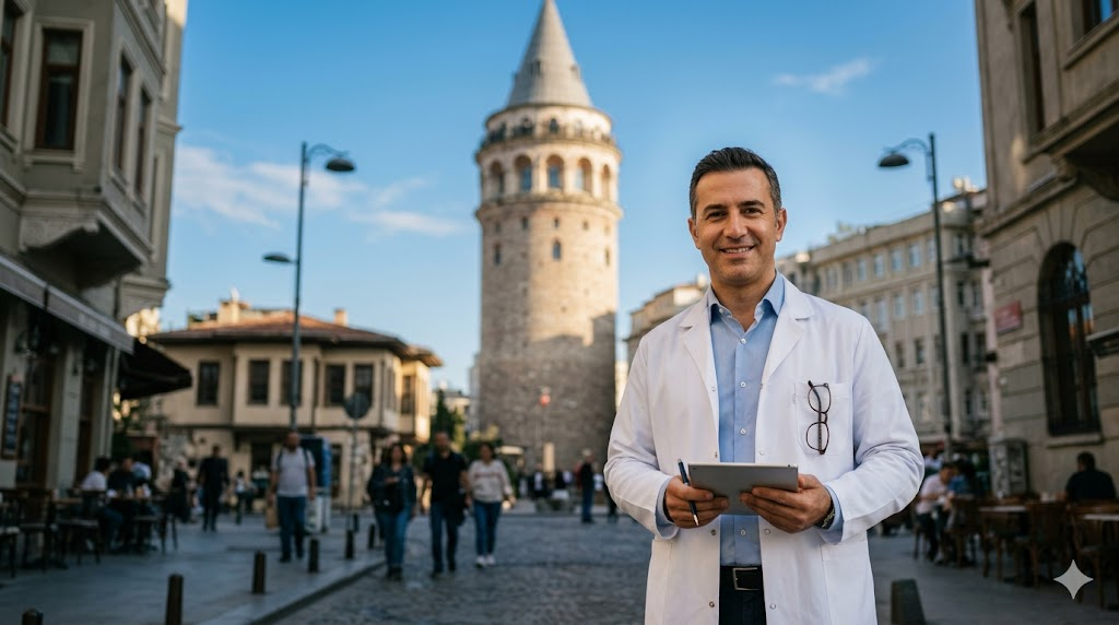  جراح تجميل أمام برج غالاتا في إسطنبول كجزء من الترويج لـ سعر عملية ارتخاء الجفن في تركيا.