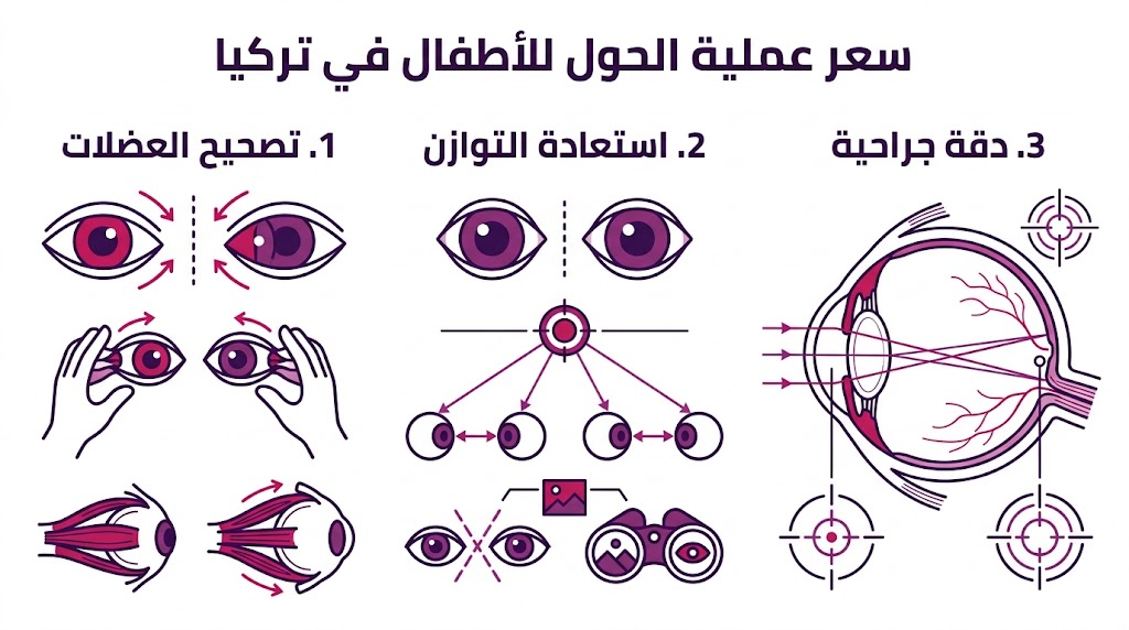  إنفوجرافيك طبي يوضح مراحل ومميزات سعر عملية الحول للأطفال في تركيا وتأثيرها على الرؤية.