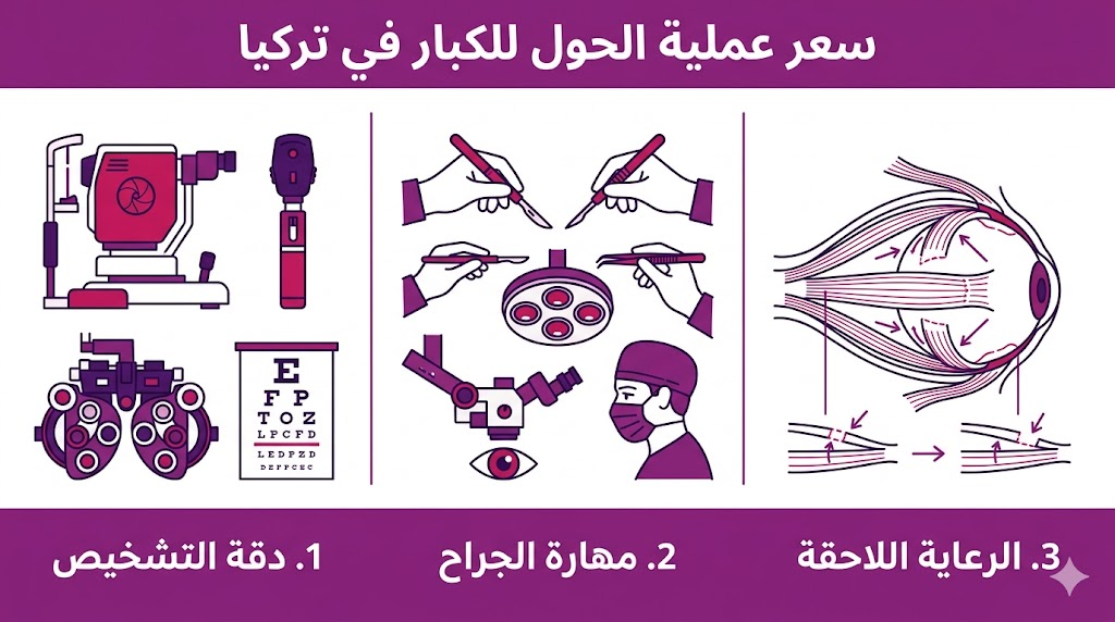 مخطط توضيحي يبرز عوامل تحديد سعر عملية الحول للكبار في تركيا من التشخيص للرعاية.