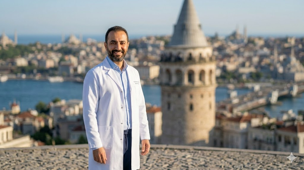  طبيب عيون مختص يقف أمام برج غالاتا في إسطنبول للحديث عن سعر عملية الفاكو في تركيا.