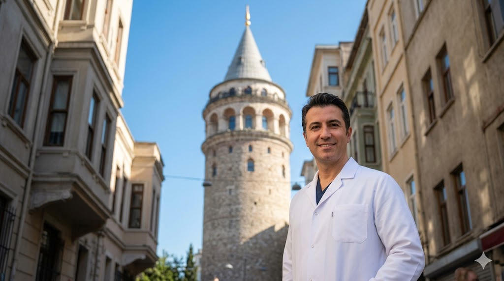  طبيب عيون مختص يقف أمام برج غالاتا في اسطنبول لتقديم استشارات حول سعر عملية الفيمتو سمايل في تركيا.