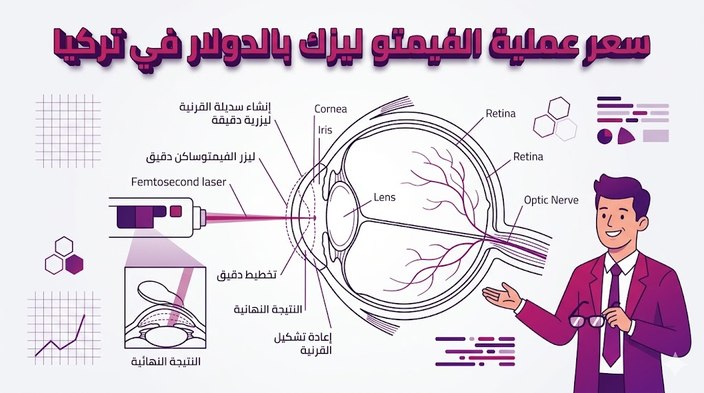 إنفوجرافيك تعليمي يشرح العلم التشريحي للعين وكيفية تحديد سعر عملية الفيمتو ليزك بالدولار في تركيا بناءً على التقنية المستخدمة.